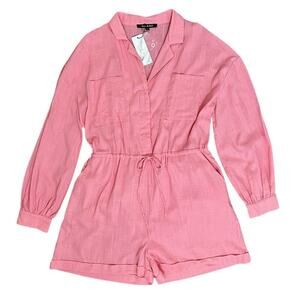 Strut & Bolt Romper Onepiece Women’s Sz L Pink Linen Blend Drawstring Waist NWT